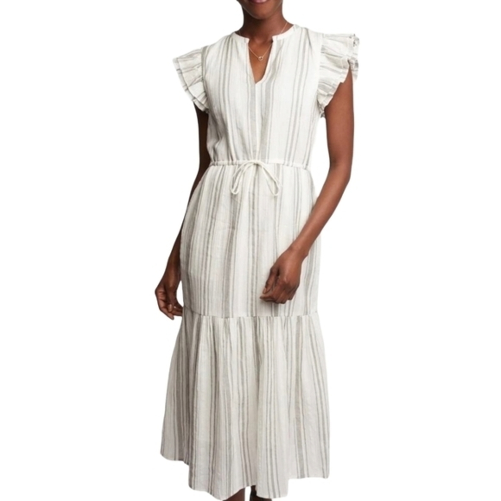 ABLE Caralyn Maxi Dress Size 2X White Grey‎ Green Stripe Ruffle Sleeve Cotton